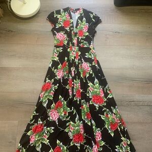 Trashy Diva Black Maxi Dress with Red and Green Floral Design